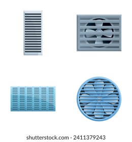 Lüftungs-Extraktor-Symbole setzen Cartoon-Vektorgrafik. Wandventilator mit elektrischer Entlüftung. Belüftungsanlagen