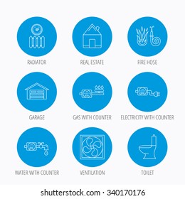 Ventilation, garage and heat radiator icons. Gas, water and electricity counter linear signs. Real estate, toilet and fire hose icons. Blue circle buttons set. Linear icons.