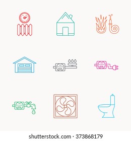 Ventilation, garage and heat radiator icons. Gas, water and electricity counter linear signs. Real estate, toilet and fire hose icons. Linear colored icons.