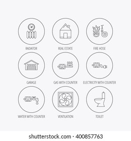 Ventilation, garage and heat radiator icons. Gas, water and electricity counter linear signs. Real estate, toilet and fire hose icons. Linear colored in circle edge icons.