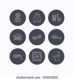 Ventilation, garage and heat radiator icons. Gas, water and electricity counter linear signs. Real estate, toilet and fire hose icons. Flat icons in circle buttons on white background. Vector