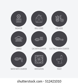Ventilation, garage and heat radiator icons. Gas, water and electricity counter linear signs. Real estate, toilet and fire hose icons. Linear icons in circle buttons. Flat web symbols. Vector
