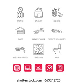 Ventilation, garage and heat radiator icons. Gas, water and electricity counter linear signs. Real estate, toilet and fire hose icons. Report document, Graph chart and Calendar signs. Vector