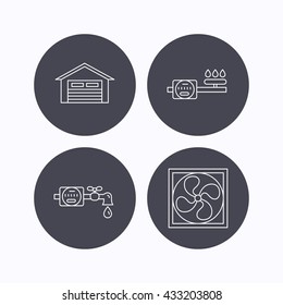 Ventilation, garage and water counter icons. Gas counter linear sign. Flat icons in circle buttons on white background. Vector