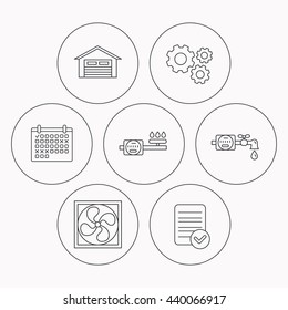 Ventilation, garage and water counter icons. Gas counter linear sign. Check file, calendar and cogwheel icons. Vector