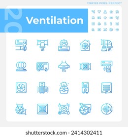 Ventilation gradient linear vector icons set. Air condition. Hvac system. Indoor air quality. Heating and cooling. Thin line contour symbol designs bundle. Isolated outline illustrations collection