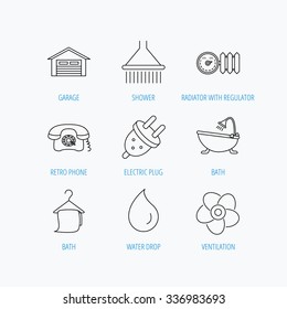 Ventilation, heat radiator and electric plug. Retro phone, shower and garage linear signs. Water drop, bath towel icons. Linear set icons on white background.