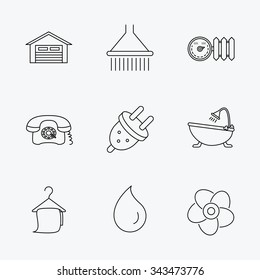 Ventilation, heat radiator and electric plug. Retro phone, shower and garage linear signs. Water drop, bath towel icons. Linear black icons on white background.