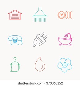 Ventilation, heat radiator and electric plug. Retro phone, shower and garage linear signs. Water drop, bath towel icons. Linear colored icons.