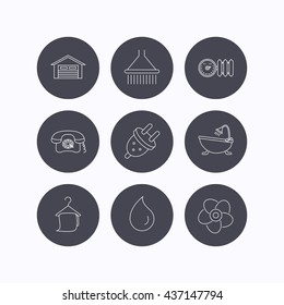 Ventilation, heat radiator and electric plug. Retro phone, shower and garage linear signs. Water drop, bath towel icons. Flat icons in circle buttons on white background. Vector