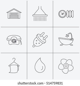 Ventilation, heat radiator and electric plug. Retro phone, shower and garage linear signs. Water drop, bath towel icons. Linear icons on white background. Vector