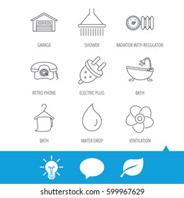 Ventilation, heat radiator and electric plug. Retro phone, shower and garage linear signs. Water drop, bath towel icons. Light bulb, speech bubble and leaf web icons. Vector