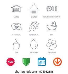 Ventilation, heat radiator and electric plug. Retro phone, shower and garage linear signs. Water drop, bath towel icons. New tag, shield and calendar web icons. Download arrow. Vector