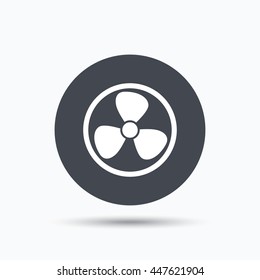 Ventilation icon. Air ventilator or fan symbol. Flat web button with icon on white background. Gray round pressbutton with shadow. Vector