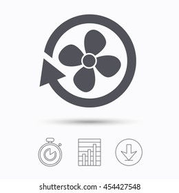 Ventilation icon. Air ventilator or fan symbol. Stopwatch, chart graph and download arrow. Linear icons on white background. Vector