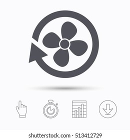Ventilation icon. Air ventilator or fan symbol. Stopwatch timer. Hand click, report chart and download arrow. Linear icons. Vector
