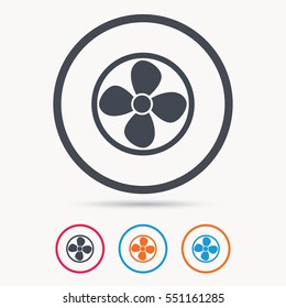 Ventilation icon. Air ventilator or fan symbol. Colored circle buttons with flat web icon. Vector