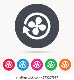 Ventilation icon. Air ventilator or fan symbol. Colored circle buttons with flat web icon. Vector
