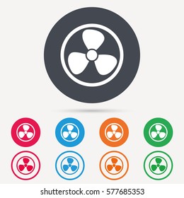Ventilation icon. Air ventilator or fan symbol. Round circle buttons. Colored flat web icons. Vector