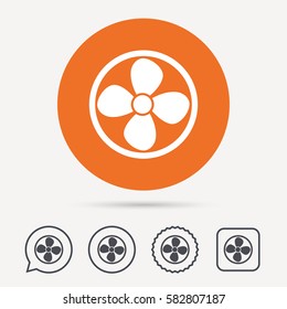 Ventilation icon. Air ventilator or fan symbol. Circle, speech bubble and star buttons. Flat web icons. Vector