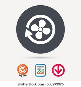 Ventilation icon. Air ventilator or fan symbol. Report document, award medal with tick and new tag signs. Colored flat web icons. Vector