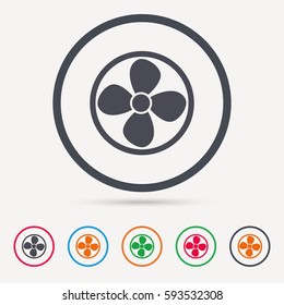 Ventilation icon. Air ventilator or fan symbol. Round circle buttons. Colored flat web icons. Vector
