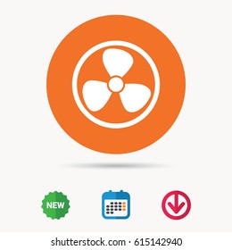 Ventilation icon. Air ventilator or fan symbol. Calendar, download arrow and new tag signs. Colored flat web icons. Vector
