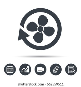 Ventilation icon. Air ventilator or fan symbol. Calendar, chart and checklist signs. Video camera and attach clip web icons. Vector