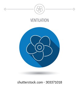 Ventilation icon. Fan or propeller sign. Blue flat circle button. Linear icon with shadow. Vector