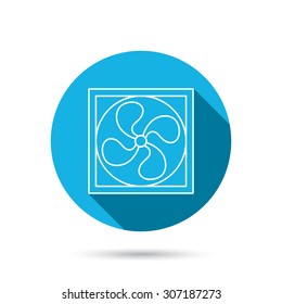 Ventilation icon. Fan or propeller sign. Blue flat circle button with shadow. Vector
