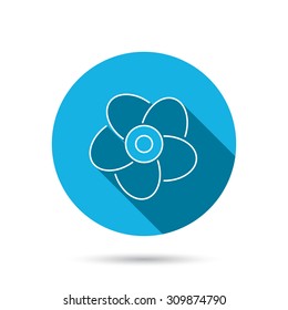 Ventilation icon. Fan or propeller sign. Blue flat circle button with shadow. Vector