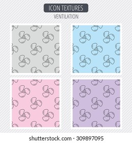 Ventilation icon. Fan or propeller sign. Diagonal lines texture. Seamless patterns set. Vector