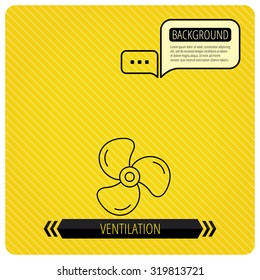 Ventilation icon. Fan or propeller sign. Chat speech bubbles. Orange line background. Vector