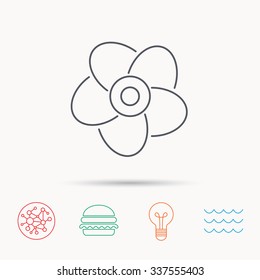 Ventilation icon. Fan or propeller sign. Global connect network, ocean wave and burger icons. Lightbulb lamp symbol.