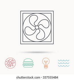 Ventilation icon. Fan or propeller sign. Global connect network, ocean wave and burger icons. Lightbulb lamp symbol.