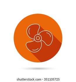 Ventilation icon. Fan or propeller sign. Round orange web button with shadow.