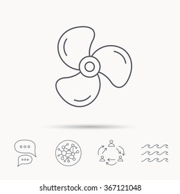 Ventilation icon. Fan or propeller sign. Global connect network, ocean wave and chat dialog icons. Teamwork symbol.