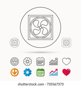 Ventilation icon. Fan or propeller sign. Calendar, Graph chart and Cogwheel signs. Download and Heart love linear web icons. Vector