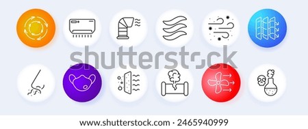 Ventilation icon set. Air conditioner, fan, filter, clean air, waste, dust, germs, evaporation, smell, medical mask, exhaust hood, factory, circulation, hydration, oxygen saturation, disinfection