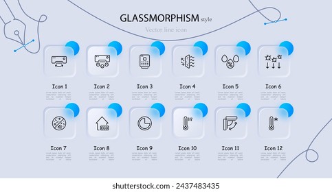 Ventilation icon set. Air, temperature, air conditioning, humidity, germs. Glassmorphism style. Vector line icon for business and advertising