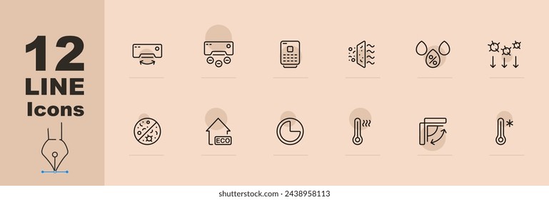 Ventilation icon set. Air, temperature, air conditioning, humidity, germs. Pastel color background. Vector line icon for Business