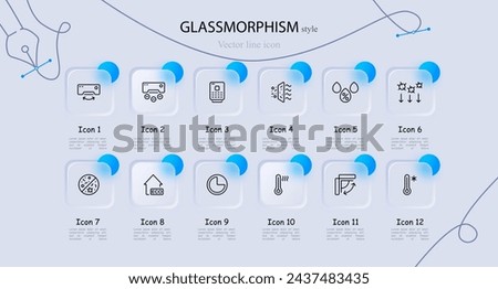 Ventilation icon set. Air, temperature, air conditioning, humidity, germs. Glassmorphism style. Vector line icon for business and advertising