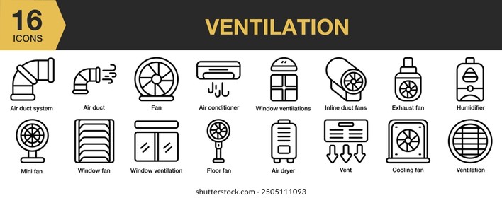 Conjunto de iconos de ventilación. Incluye aire acondicionado, secador de aire, conducto de aire, ventilador de refrigeración, ventilador de escape y más. Colección de Vector de iconos de contorno.