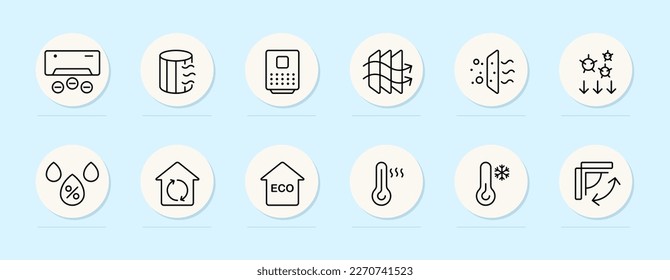 Ventilation icons set. Air freshening, air humidification, air conditioning, extractor hood. Ventilation cocnept. Pastel color background. Vector line icon for business