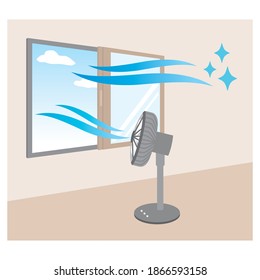 Ventilation illustration that the air in the room is taken out by the wind of the electric fan and the fresh air outside is put in