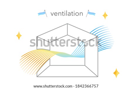 Ventilation illustrations, streamlined colorful radiant winds, simple house silhouettes