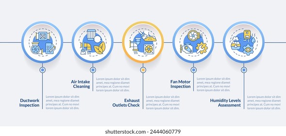 Ventilation inspection blue circle infographic template. HVAC. Data visualization with 5 steps. Editable timeline info chart. Workflow layout with line icons. Lato-Bold, Regular fonts used