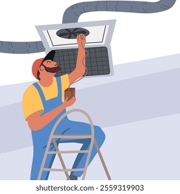 Ventilation installation, HVAC repair. Man worker installing air conditioning system with duct, pipe.Hand drawn vector illustration.