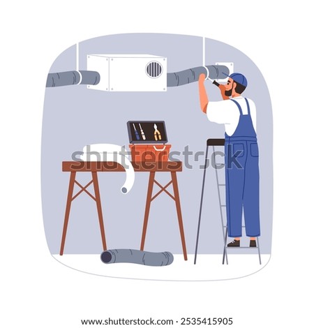 Ventilation installation, HVAC repair. Man worker installing air conditioning system with duct, pipe. Technician fixing home climate equipment. Flat vector illustration isolated on white background