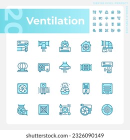 Ventilation light blue icons. Air condition. Hvac system. Indoor air quality. Heating and cooling. RGB color. Website icons set. Simple design element. Contour drawing. Line illustration